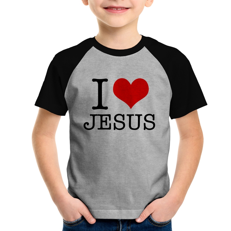 Camiseta Raglan Infantil I Love Jesus - Cinza/Preto