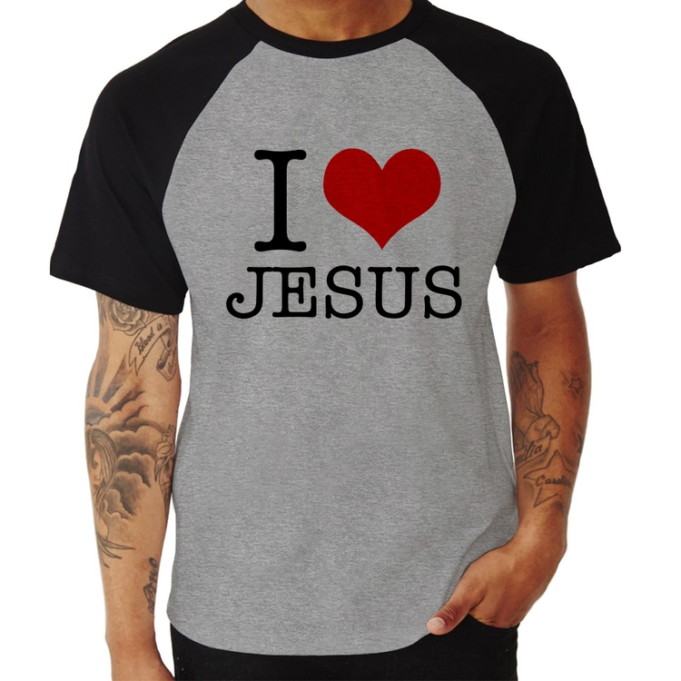 Camiseta Raglan I Love Jesus - Cinza/Preto