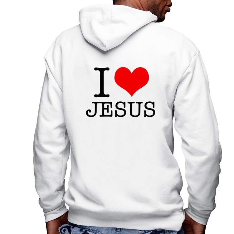 Blusa Moletom I Love Jesus Masculina com Capuz e Zíper - Branca