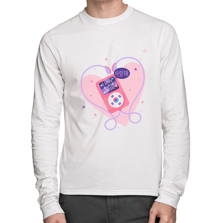 Camiseta Algodão I love k-pop Manga Longa - Branca