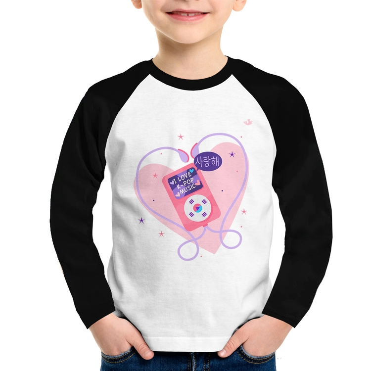 Camiseta Raglan Infantil I love k-pop Manga Longa