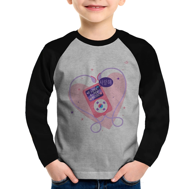 Camiseta Raglan Infantil I love k-pop Manga Longa - Cinza/Preto