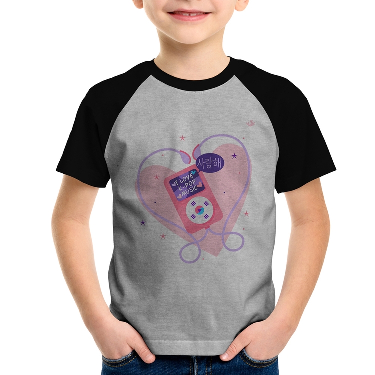 Camiseta Raglan Infantil I love k-pop - Cinza/Preto