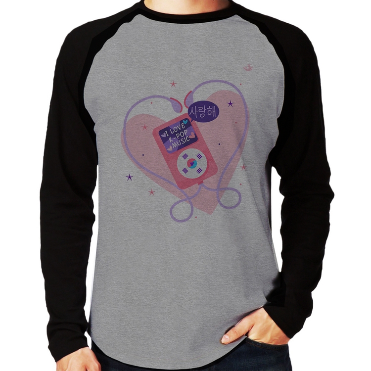 Camiseta Raglan I love k-pop Manga Longa - Cinza/Preto