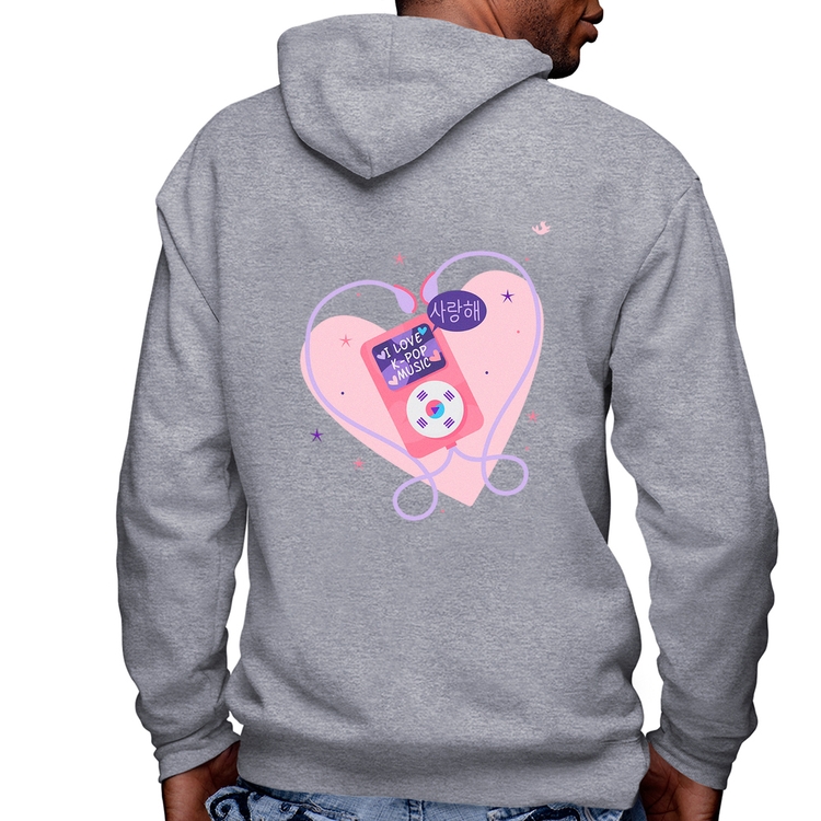 Blusa Moletom I love k-pop Masculina com Capuz e Zíper - Mescla