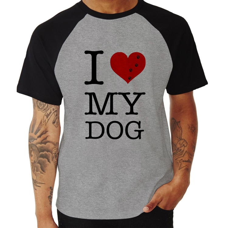 Camiseta Raglan I love My Dog - Cinza/Preto