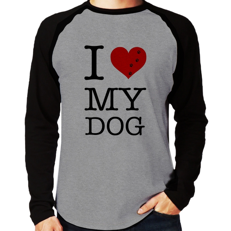 Camiseta Raglan I love My Dog Manga Longa - Cinza/Preto