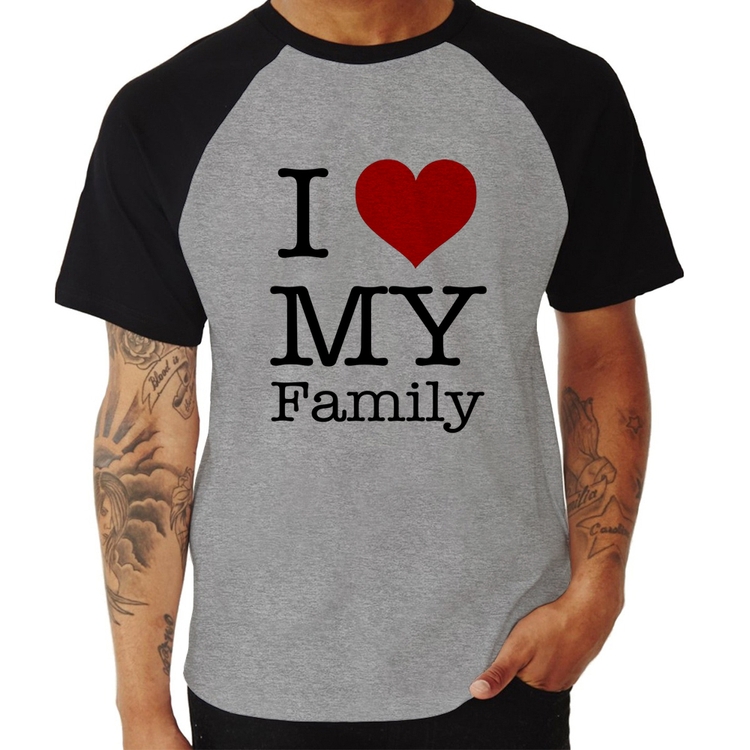 Camiseta Raglan I Love My Family - Cinza/Preto