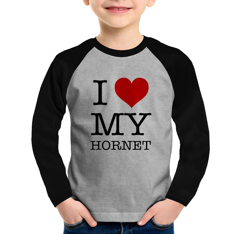 Camiseta Raglan Infantil I Love My Hornet Manga Longa - Cinza/Preto