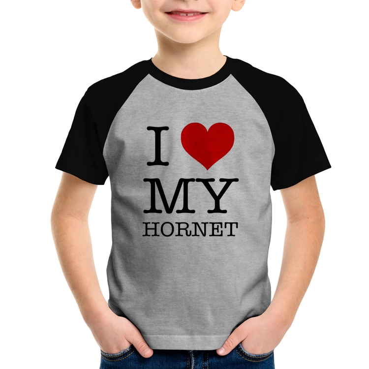 Camiseta Raglan Infantil I Love My Hornet - Cinza/Preto