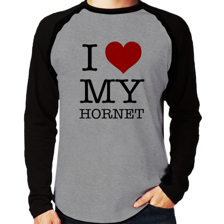 Camiseta Raglan I Love My Hornet Manga Longa - Cinza/Preto