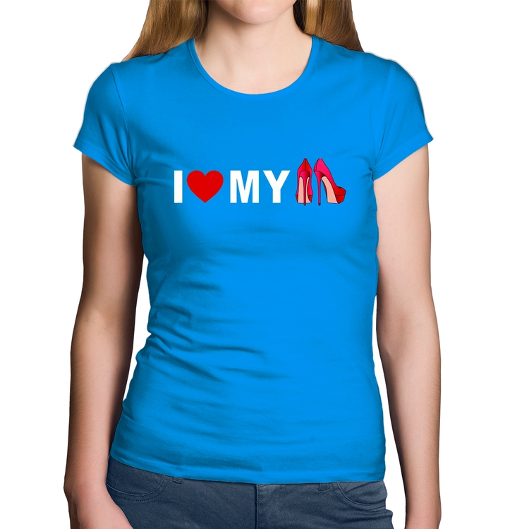 Baby Look Algodão I Love My Shoes - Azul