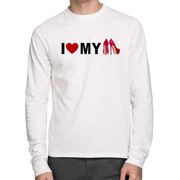 Camiseta Algodão I Love My Shoes Manga Longa - Branca