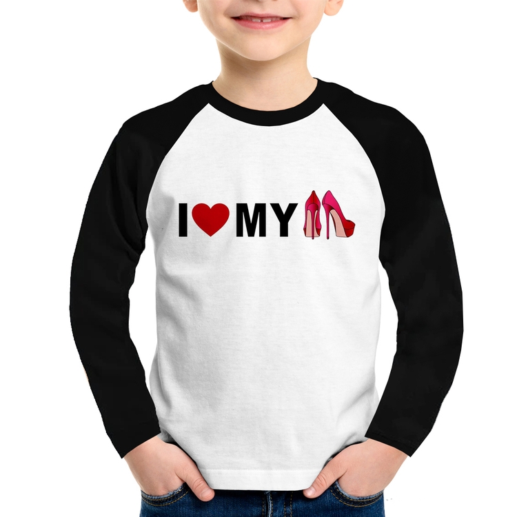 Camiseta Raglan Infantil I Love My Shoes Manga Longa