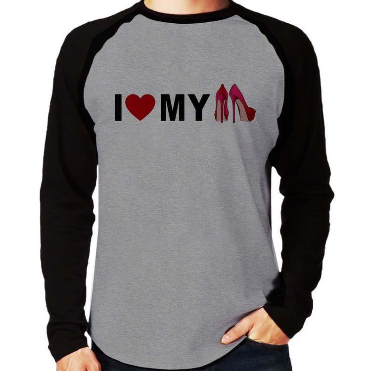 Camiseta Raglan I Love My Shoes Manga Longa - Cinza/Preto