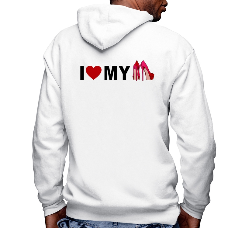 Blusa Moletom I Love My Shoes Masculina com Capuz e Zíper - Branca