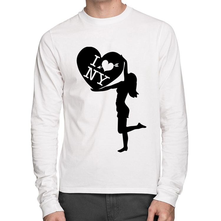 Camiseta Algodão I love NY Girl Manga Longa - Branca