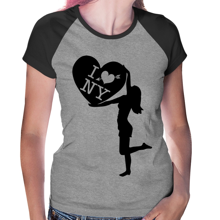 Baby Look Raglan I love NY Girl - Cinza/Preto