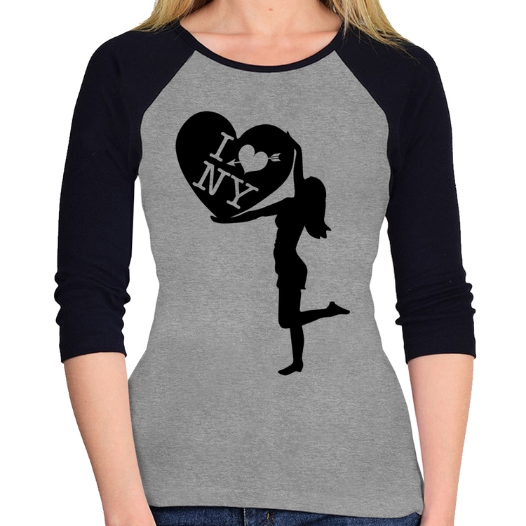 Baby Look Raglan I love NY Girl Manga 3/4 - Cinza/Preto