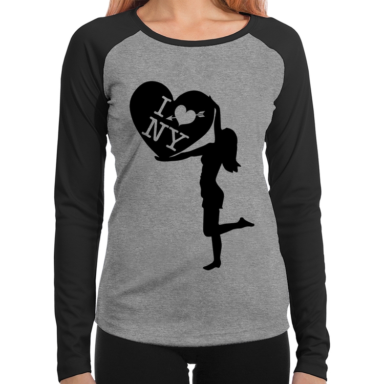 Baby Look Raglan I love NY Girl Manga Longa - Cinza/Preto