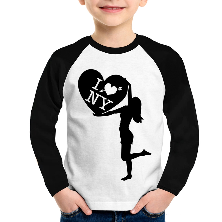 Camiseta Raglan Infantil I love NY Girl Manga Longa