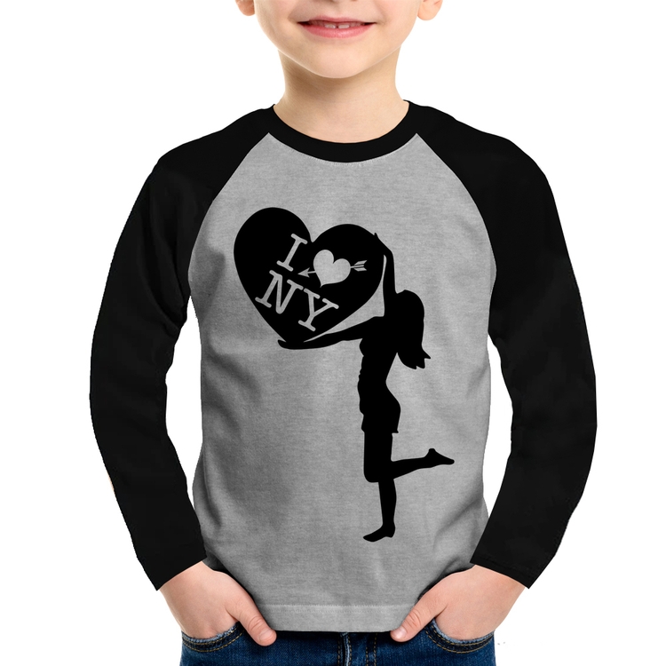 Camiseta Raglan Infantil I love NY Girl Manga Longa - Cinza/Preto