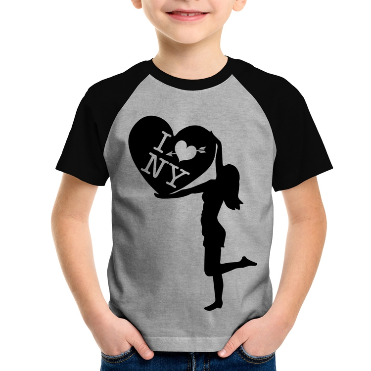 Camiseta Raglan Infantil I love NY Girl - Cinza/Preto