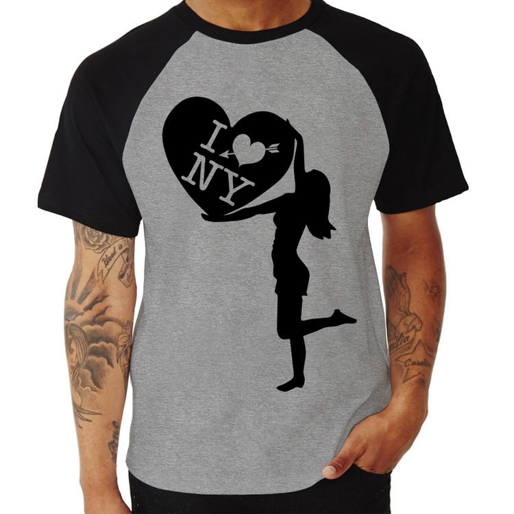 Camiseta Raglan I love NY Girl - Cinza/Preto