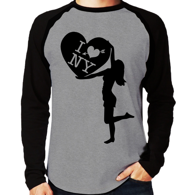 Camiseta Raglan I love NY Girl Manga Longa - Cinza/Preto