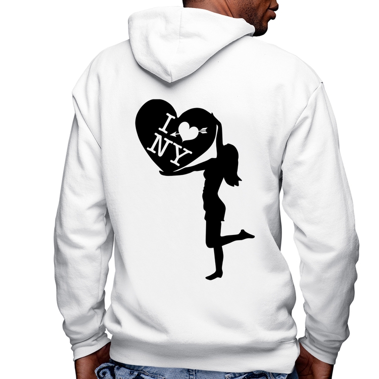 Blusa Moletom I love NY Girl Masculina com Capuz e Zíper - Branca