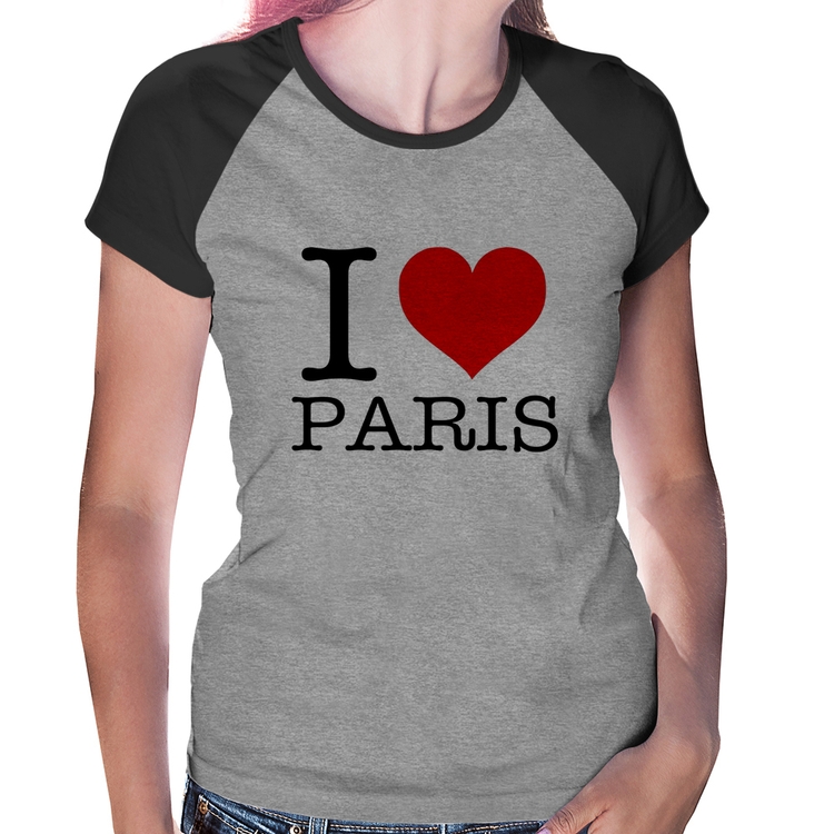 Baby Look Raglan I love Paris - Cinza/Preto