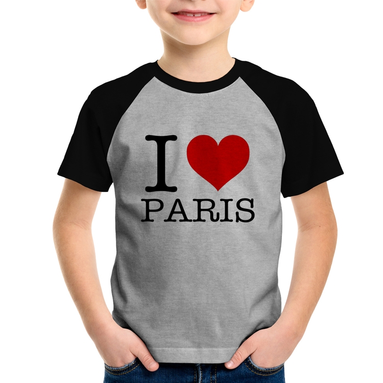 Camiseta Raglan Infantil I love Paris - Cinza/Preto