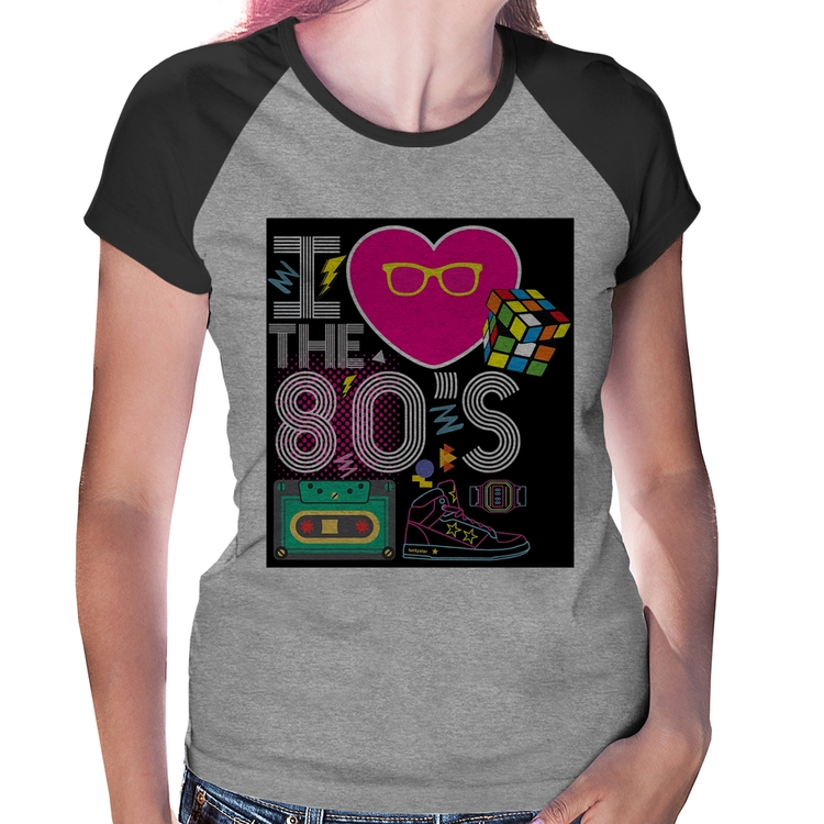 Baby Look Raglan I Love the 80's - Cinza/Preto