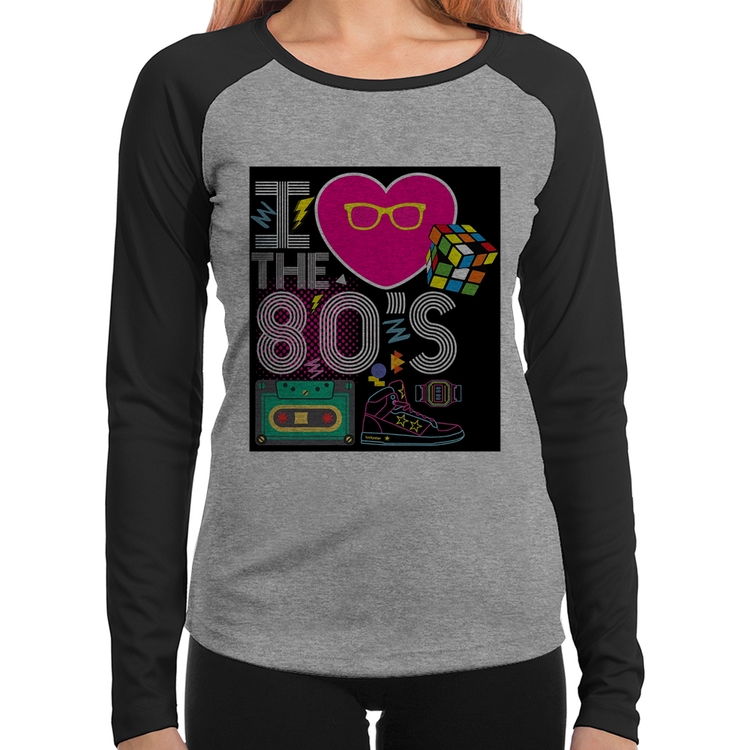Baby Look Raglan I Love the 80's Manga Longa - Cinza/Preto