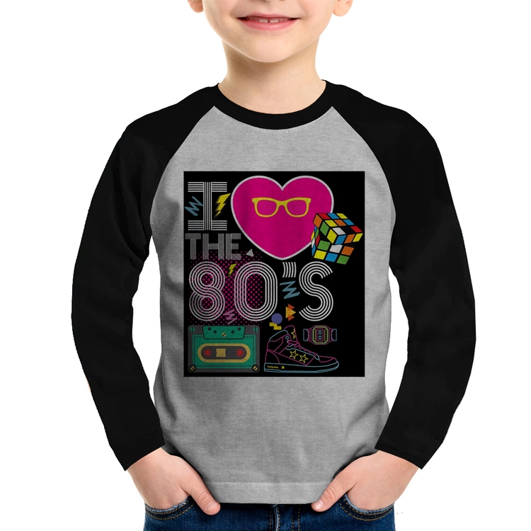 Camiseta Raglan Infantil I Love the 80's Manga Longa - Cinza/Preto