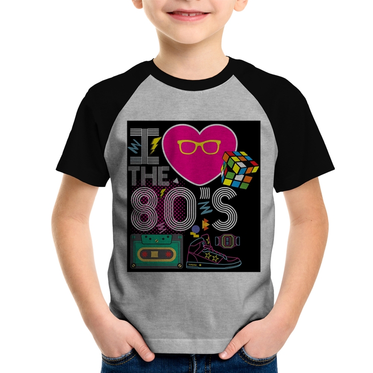 Camiseta Raglan Infantil I Love the 80's - Cinza/Preto