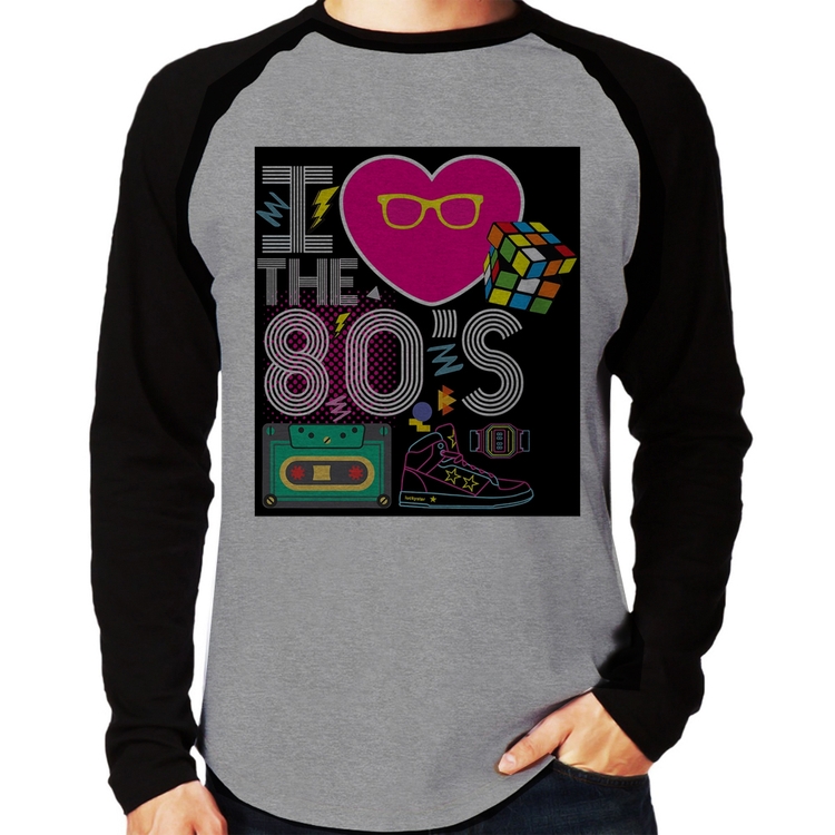 Camiseta Raglan I Love the 80's Manga Longa - Cinza/Preto