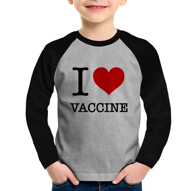 Camiseta Raglan Infantil I Love Vaccine Manga Longa - Cinza/Preto