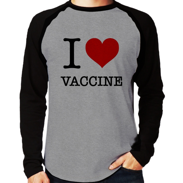 Camiseta Raglan I Love Vaccine Manga Longa - Cinza/Preto