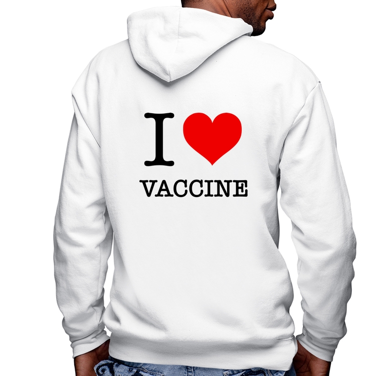 Blusa Moletom I Love Vaccine Masculina com Capuz e Zíper - Branca