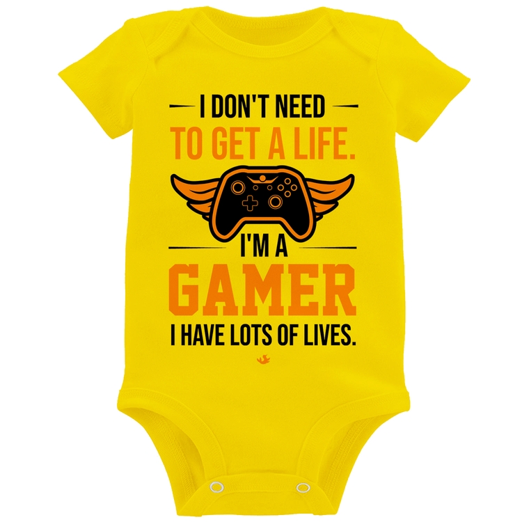 Body Bebê I'm a gamer, I have lots of lives - Amarelo