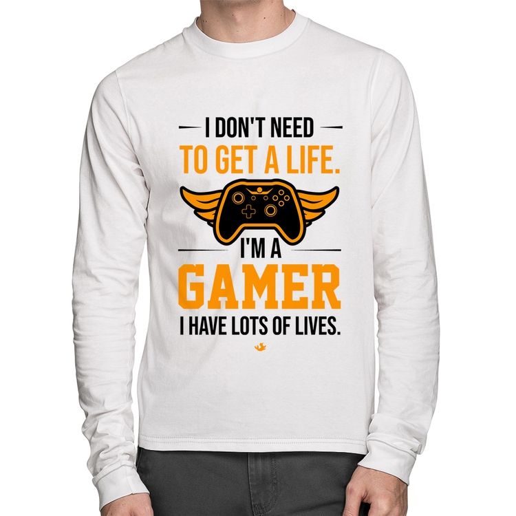 Camiseta Algodão I'm a gamer, I have lots of lives Manga Longa - Branca