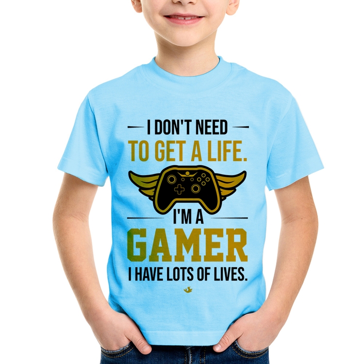Camiseta Infantil I'm a gamer, I have lots of lives - Azul Bebê