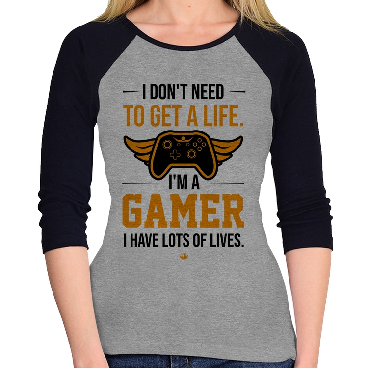 Baby Look Raglan I'm a gamer, I have lots of lives Manga 3/4 - Cinza/Preto