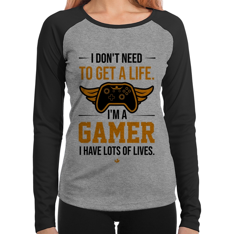 Baby Look Raglan I'm a gamer, I have lots of lives Manga Longa - Cinza/Preto