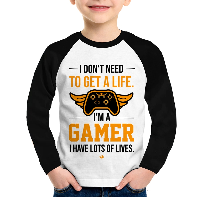 Camiseta Raglan Infantil I'm a gamer, I have lots of lives Manga Longa