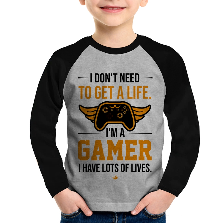 Camiseta Raglan Infantil I'm a gamer, I have lots of lives Manga Longa - Cinza/Preto