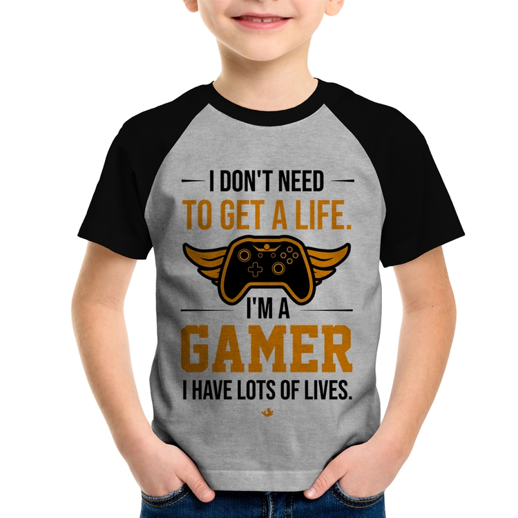 Camiseta Raglan Infantil I'm a gamer, I have lots of lives - Cinza/Preto