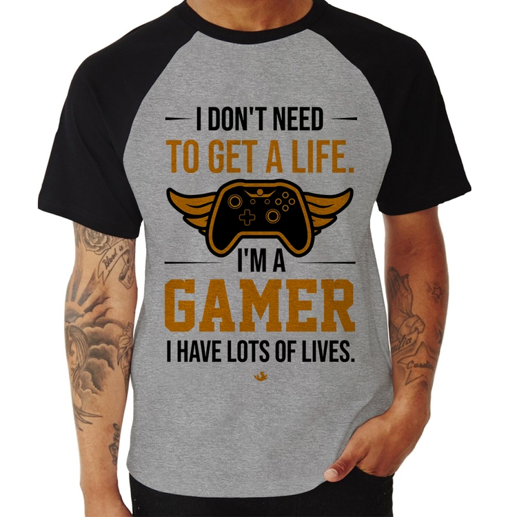 Camiseta Raglan I'm a gamer, I have lots of lives - Cinza/Preto