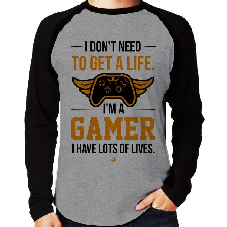 Camiseta Raglan I'm a gamer, I have lots of lives Manga Longa - Cinza/Preto
